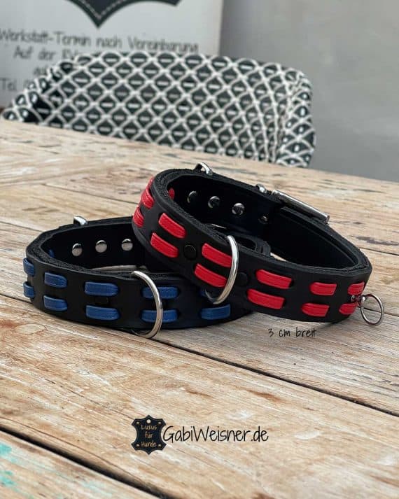 Hundehalsband aus Leder 3 cm breit, Blau Rot Schwarz. Farbe nach Wunsch.
