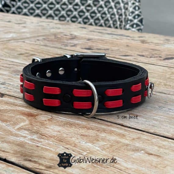 Hundehalsband aus Leder 3 cm breit, Rot Schwarz.