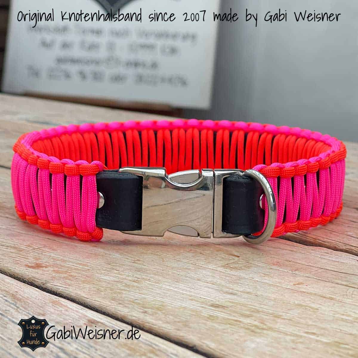 Hundehalsband aus Leder und Paracord mit Klickverschluss Pink Orange Schwarz