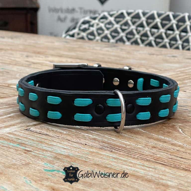 M&D Leder-Hundehalsband, 3,8 Cm Breit, Mit Bulldoggen-Muster (Größe L: 50–61 Cm, Schwarz)