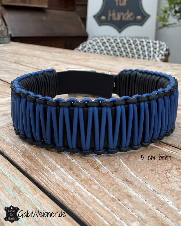 Hundehalsband für große Hunde. Aus Leder 5 cm breit. Blau Schwarz.