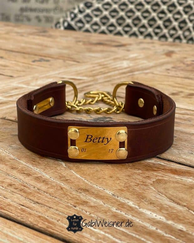 Zugstopp Hundehalsband aus Leder in Braun, 35 mm breit, großes Namensschild in goldfarben.