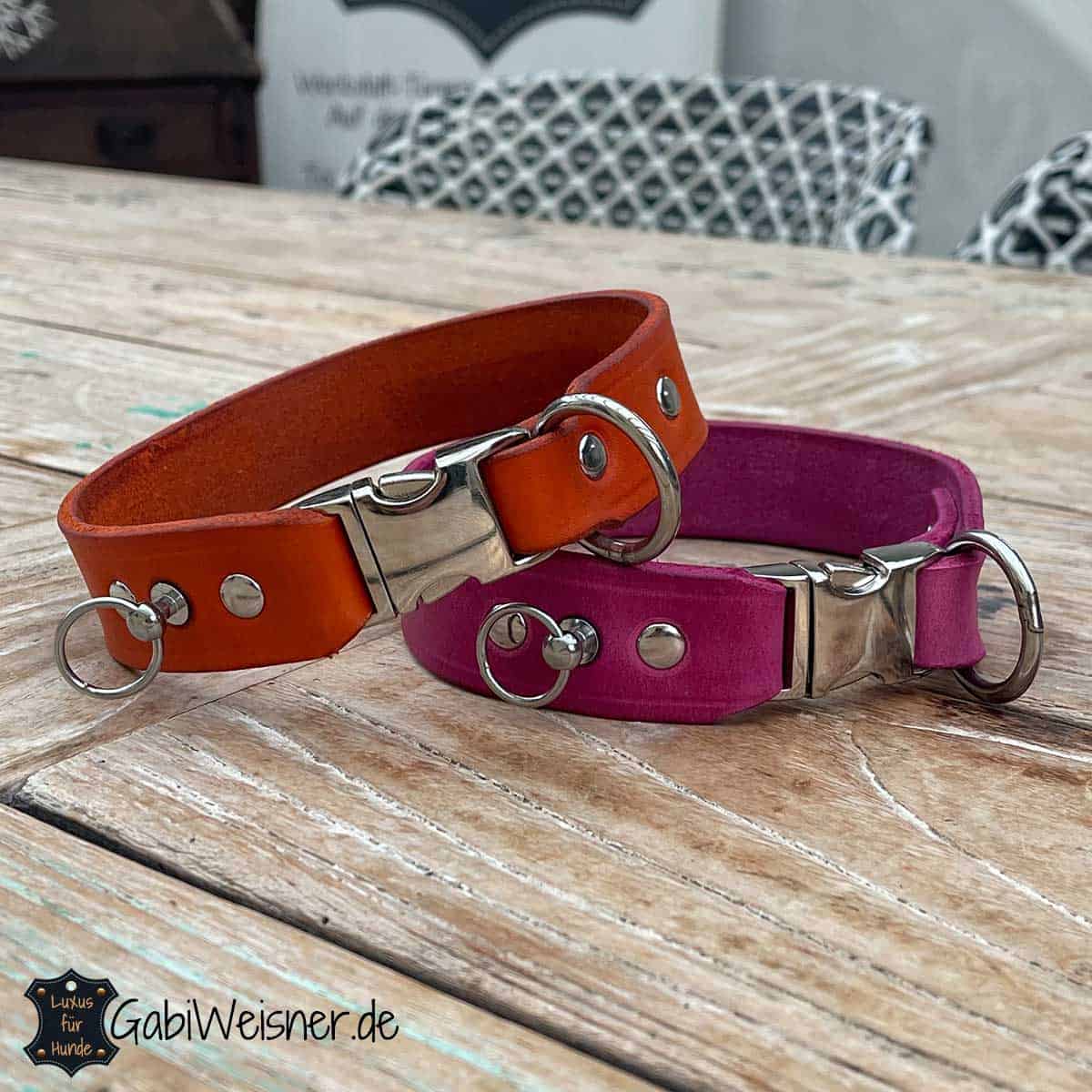Hundehalsband mit Klick, Leder 3 cm breit, für mittelgroße Hunde. Leder in Pink und Orange.