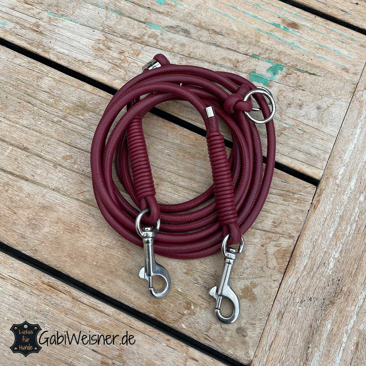 Hundeleine aus Rundleder in Dunkelrot 8 mm dick 2,4 m lang