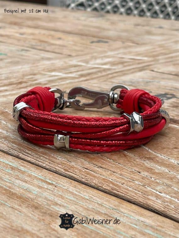 Luxus Hundehalsband aus Leder in Rot, für kleine Hunde. Beispiel mit 28 cm HU