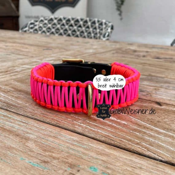 Hundehalsband verstellbar, dekoriert in Neon Orange und Pink. Beispiel 3,5 cm breit.