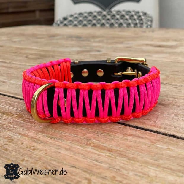 Hundehalsband Leder und Paracord Schwarz Neon Pink Orange