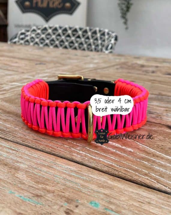 Hundehalsband verstellbar, dekoriert in Neon Orange und Pink. Beispiel 3,5 cm breit.