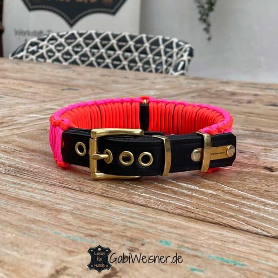 Hundehalsband verstellbar, dekoriert in Neon Orange und Pink