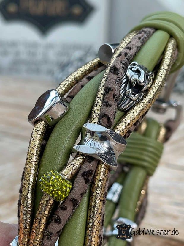 Luxus Hundehalsband aus Leder, Leopard, Kaktus, Gold-Glitzer mit Herz, Löwe, Strass und Ohr-Tunnel.