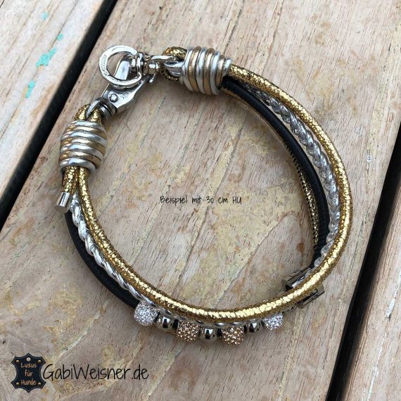 Strass Halsband für kleine Hunde. Nappaleder in Gold, Silber und Schwarz.