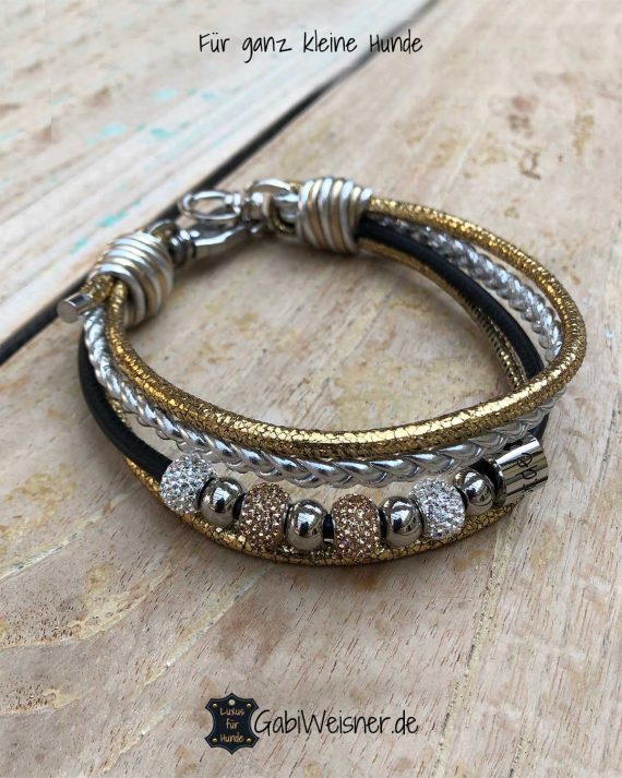 Strass Halsband für kleine Hunde. Nappaleder in Gold, Silber und Schwarz.