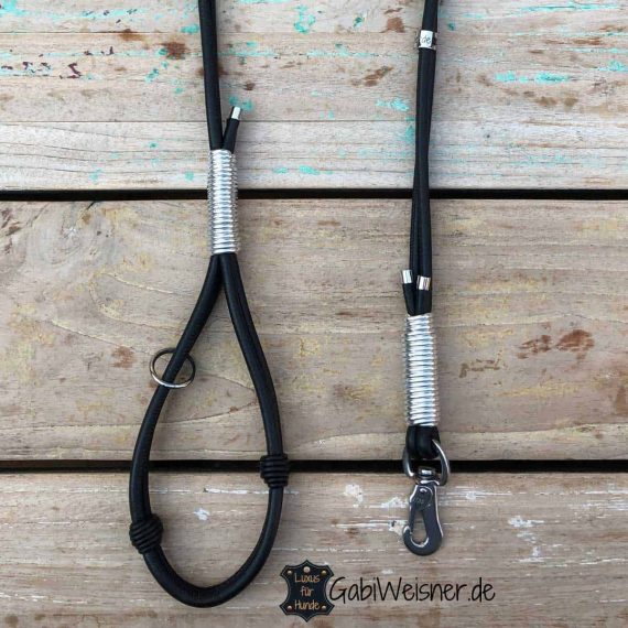 Luxus Hundeleine mit Handschlaufe Leder in Schwarz und Silber.