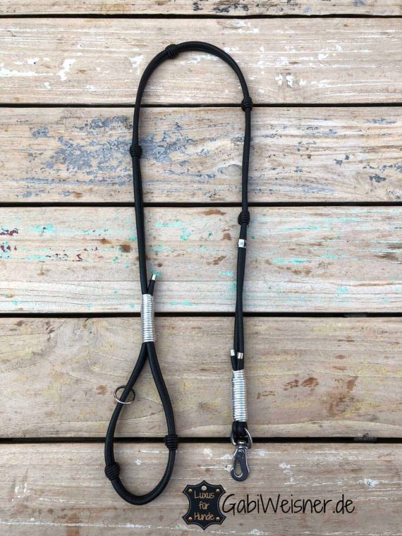 Luxus Hundeleine mit Handschlaufe Leder in Schwarz und Silber-Metallic.