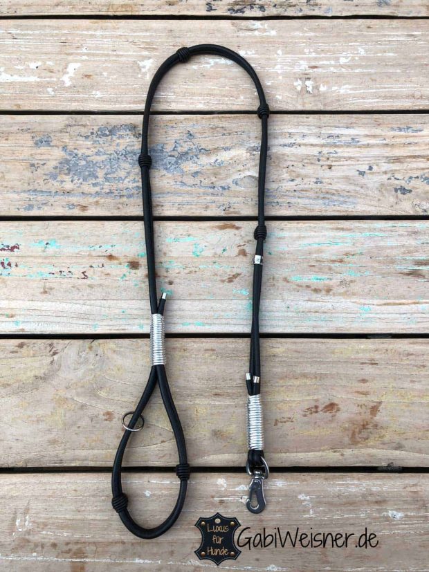 Luxus Hundeleine mit Handschlaufe Leder in Schwarz und Silber-Metallic.