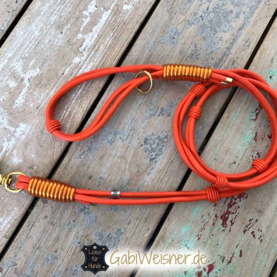 Luxus Hundeleine mit Handschlaufe, Nappaleder Mix in Papaye-Orange-Metallic