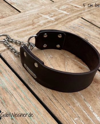 Hundehalsband aus Leder 5 cm breit, Braun kurze Zugstoppkette aus Edelstahl.