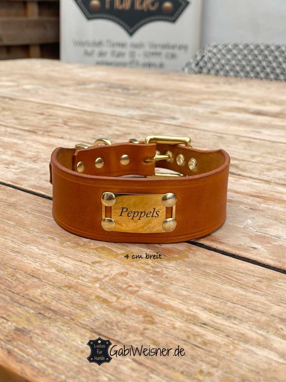 Hundehalsband aus Leder 4 cm breit Cognac Messing Name Peppels