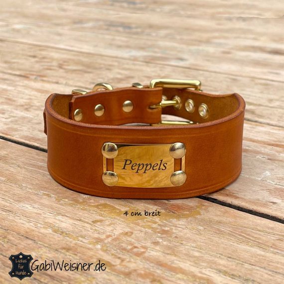 Hundehalsband aus Leder 4 cm breit Cognac Messing Name Peppels