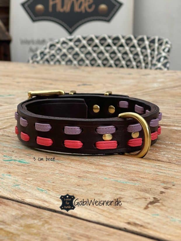 Hundehalsband aus Leder individuell mit 3 Farben, Braun, koralle, lylic.