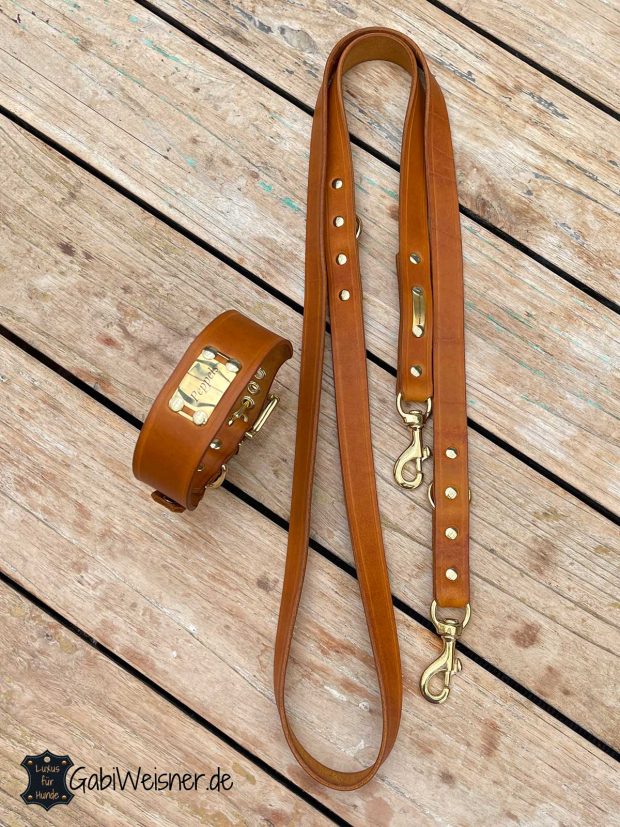 Hundehalsband und Hundeleine aus Leder und mit Namensschild