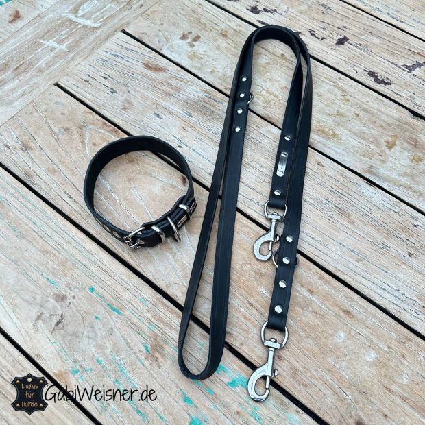 Hundehalsband und Leine aus weichem Leder in Schwarz