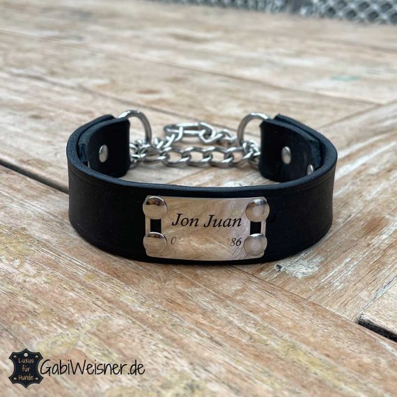 Hundehalsband mit Zugstoppkette, Leder 3 cm breit, großes Namensschild .