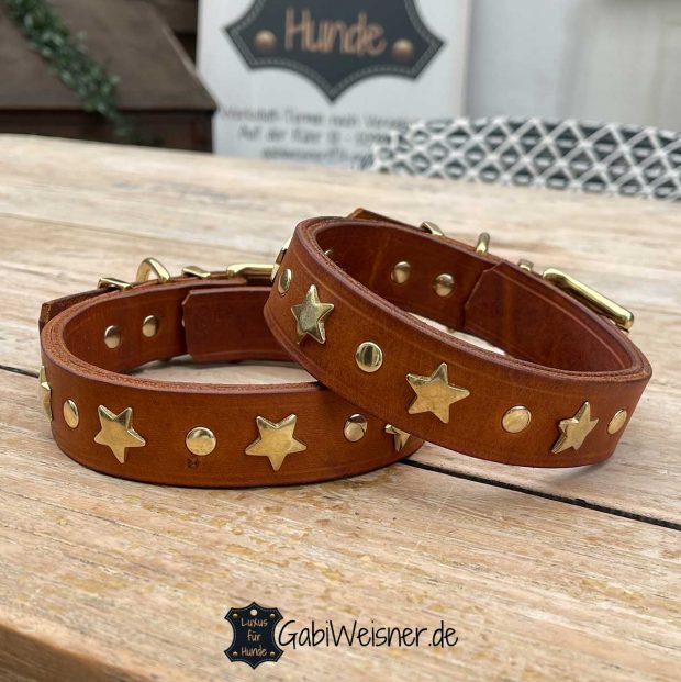 Hundehalsband aus Leder 3 cm breit individuell mit Sternen. Gold Cognac.