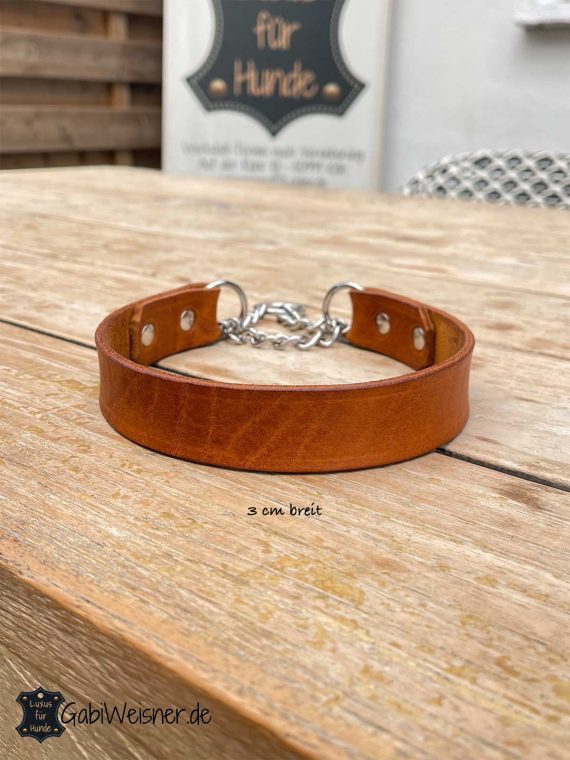 Hundehalsband mit Zugstopp-Kette, Leder 3 cm breit