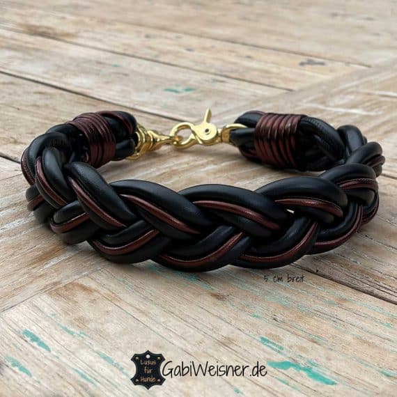 Hundehalsband aus Leder 5 cm breit geflochten. Nappaleder in Schwarz und Schoko-Metallic.