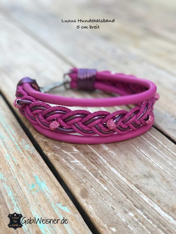 Luxus Hundehalsband aus Leder in Pink 5 cm breit