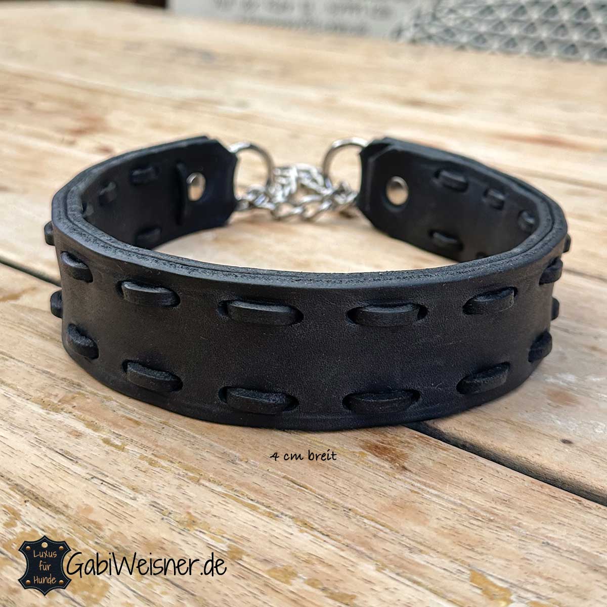 Zugstopp Hundehalsband aus Leder in Schwarz 4 cm breit für große Hunde