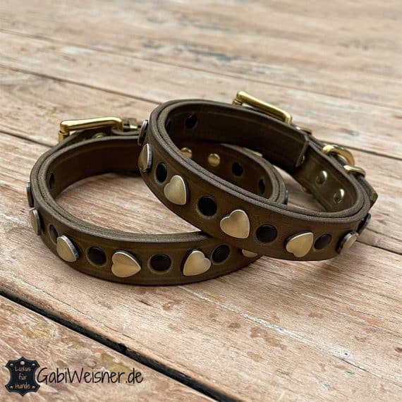 Hundehalsband aus Leder in Olive + Herz in Gold und schwarze Nieten.