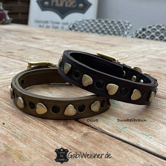 Hundehalsband mit Herzen auf Leder 25 mm breit Olive oder Dunkelbraun