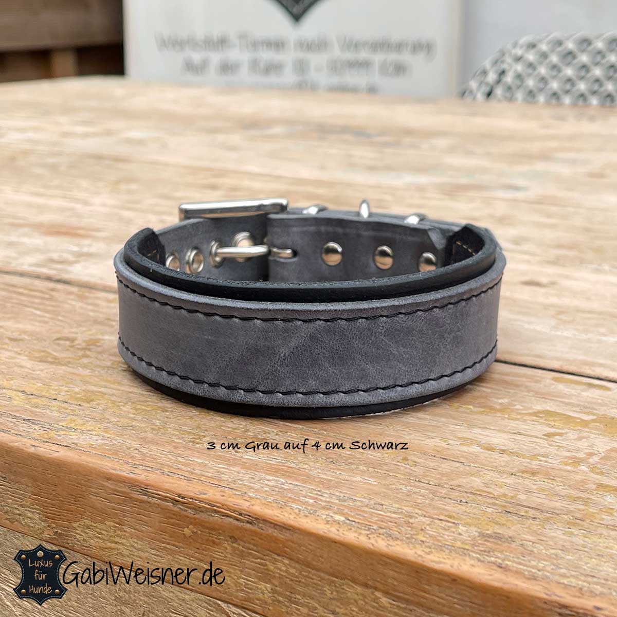 Hundehalsband aus Leder 3 cm breit Grau auf Schwarz