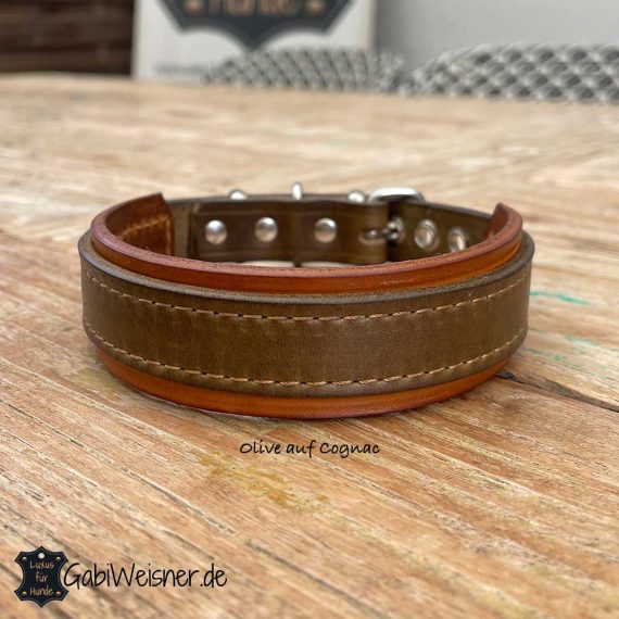 Hundehalsband aus Leder Olive auf Cognac
