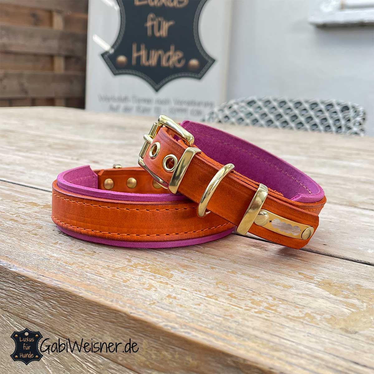 Hundehalsband aus Leder in Orange und Pink