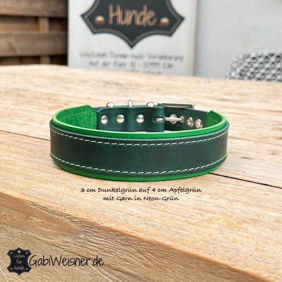 Hundehalsband Leder 3 cm Dunkelgrün auf 4 cm Apfelgrün mit Garn in Neon-Grün