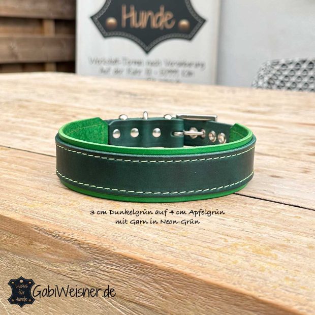 Hundehalsband Leder 3 cm Dunkelgrün auf 4 cm Apfelgrün mit Garn in Neon-Grün