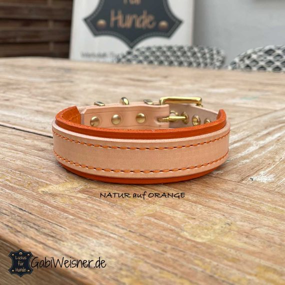 Hundehalsband Leder NATUR auf ORANGE