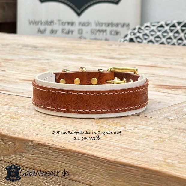 Hundehalsband 2,5 cm Büffelleder in Cognac auf 3,5 cm Weiß
