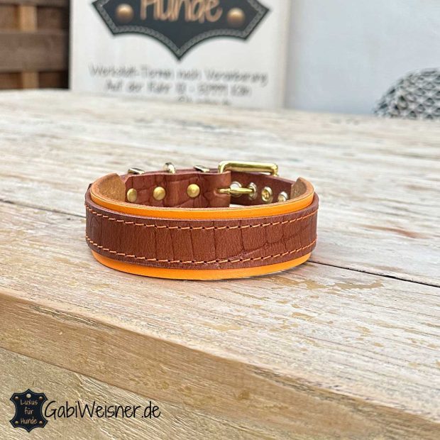 Hundehalsband aus Leder mit Kroko-Prägung und Neon Orange