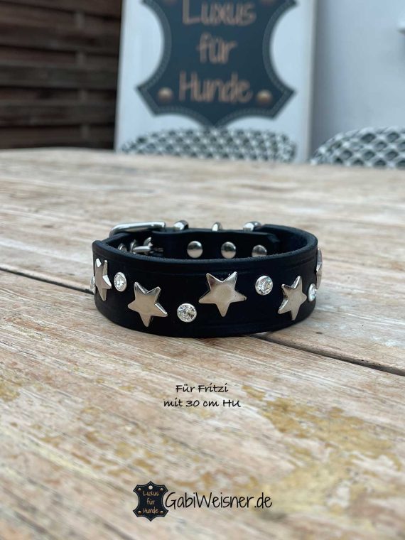 Hundehalsband mit Sterne und Strass auf Leder 3 cm breit