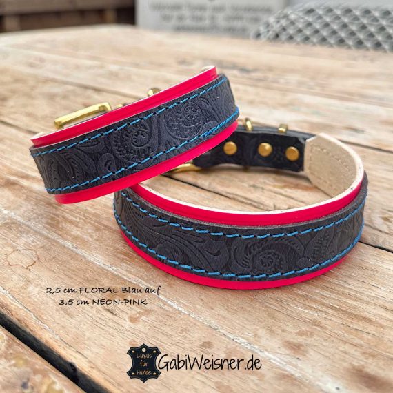 Hundehalsband 2,5 cm FLORAL Blau auf 3,5 cm NEON-PINK
