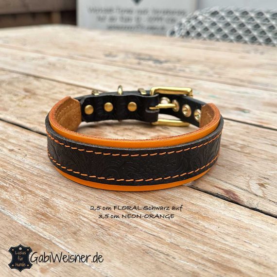 Hundehalsband 2,5 cm FLORAL Schwarz auf 3,5 cm NEON-ORANGE