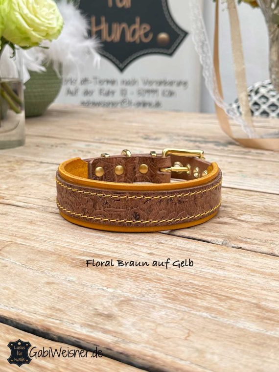 Hundehalsband aus Leder Floral Braun auf Gelb