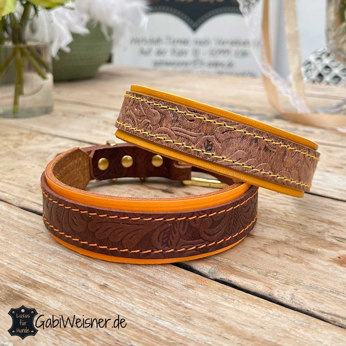 Hundehalsband aus Leder Floral braun auf Neon-Orange oder Gelb