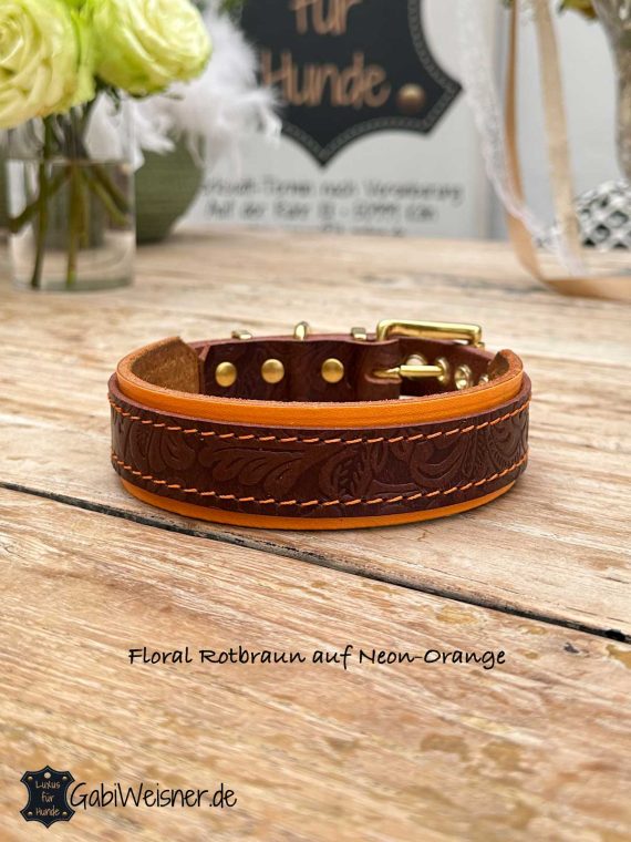 Hundehalsband aus Leder Floral Rotbraun auf Neon-Orange