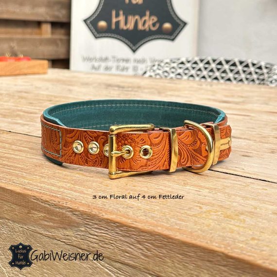 Hundehalsband aus Leder mit Floral-Prägung in Cognac