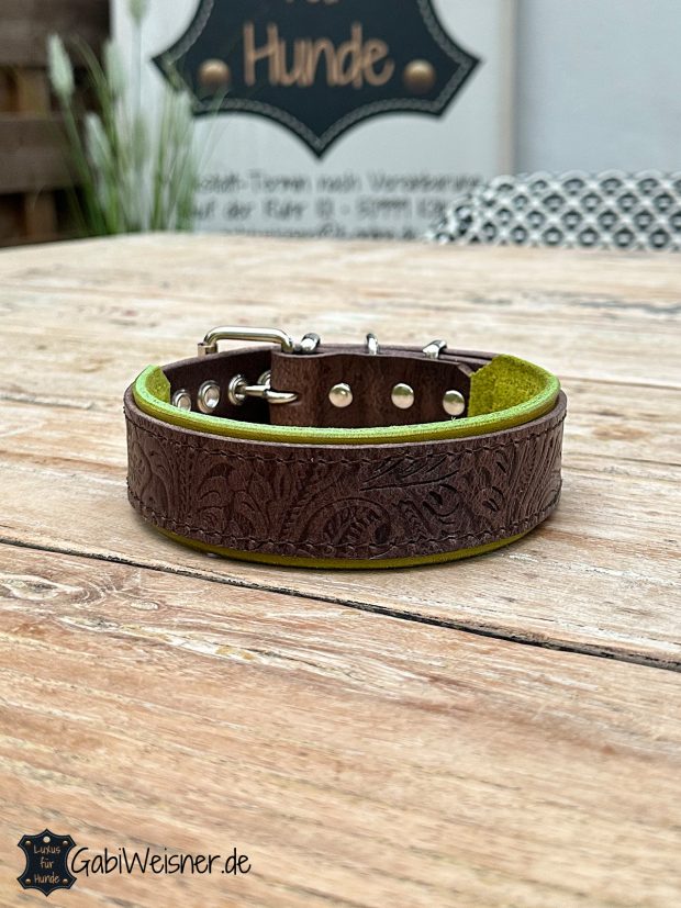 Hundehalsband aus Leder mit Floral-Prägung Hundehalsband Leder 3 auf 4 cm, Floral auf Lime